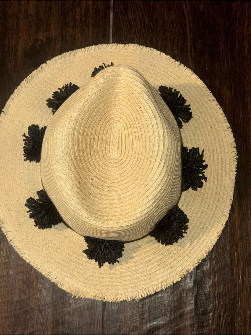Ava & Aiden Tan Straw Fedora Hat Black Pom Pom Trim Fringe Brim OSFM adjustable